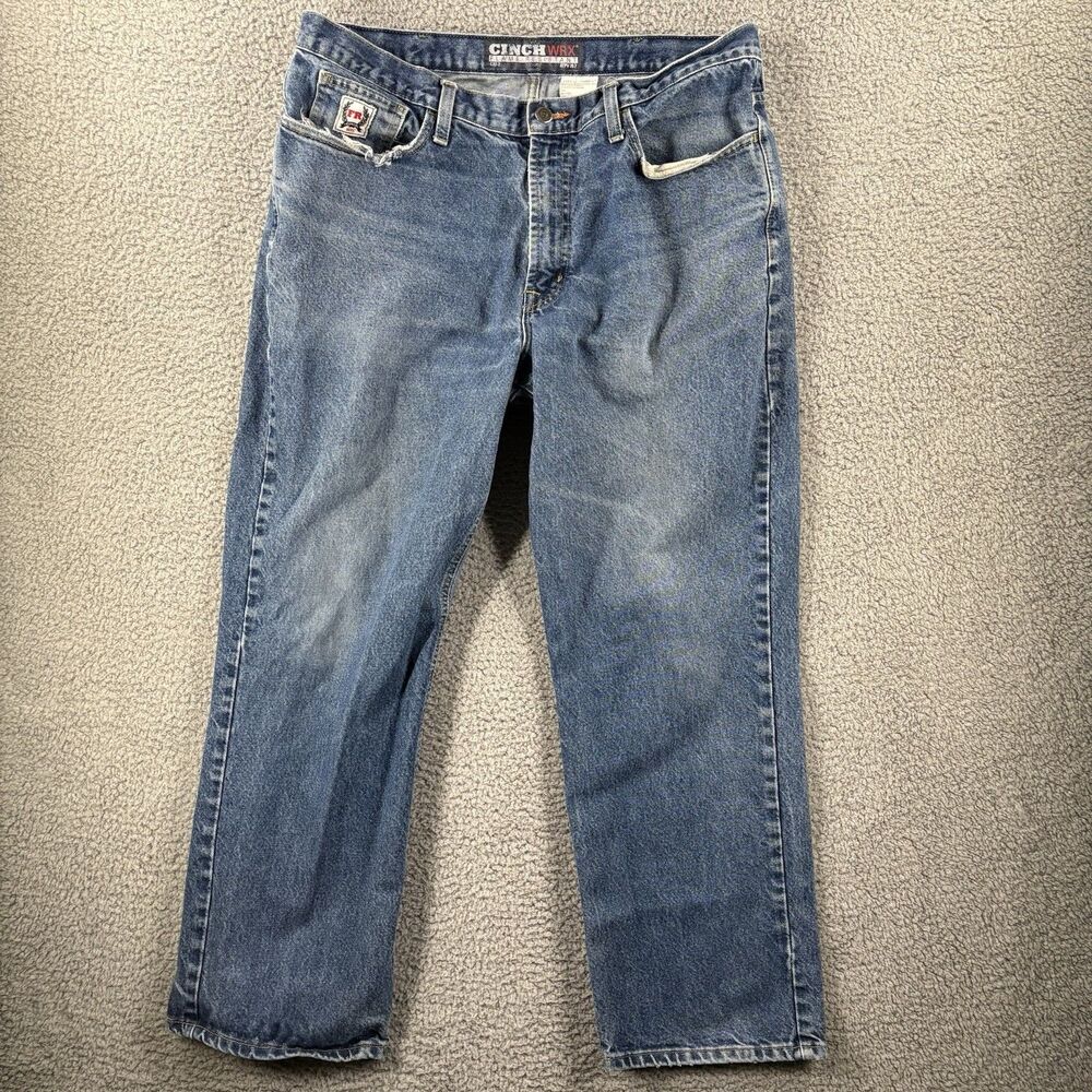 Cinch WRX FR White Label Jeans Mens 38x32 Blue Relaxed Straight Flame Resistant